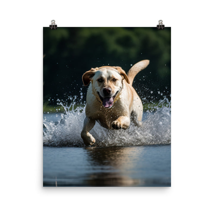 A Labrador Retriever jumping into a lake Photo paper poster - PosterfyAI.com