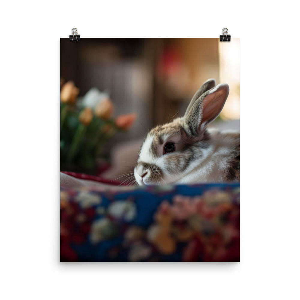 Harlequin Bunny in a Cozy Setting Photo paper poster - PosterfyAI.com