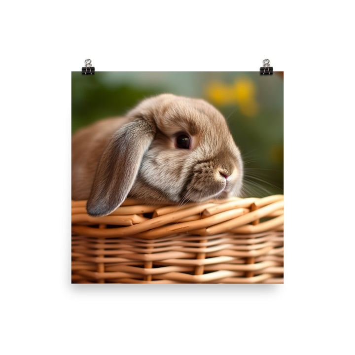 Mini Lop Bunny in a Wicker Basket Photo paper poster - PosterfyAI.com