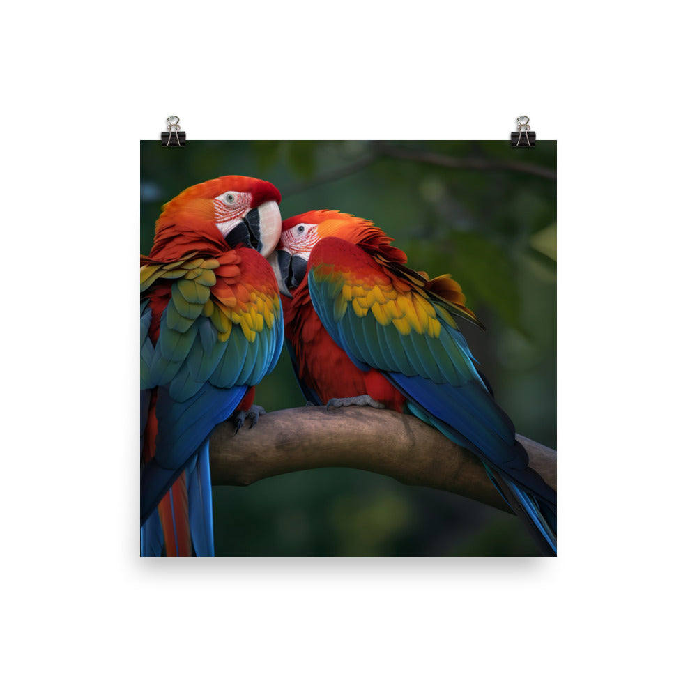 Two Macaws cuddling on a tree branch Photo paper poster - PosterfyAI.com