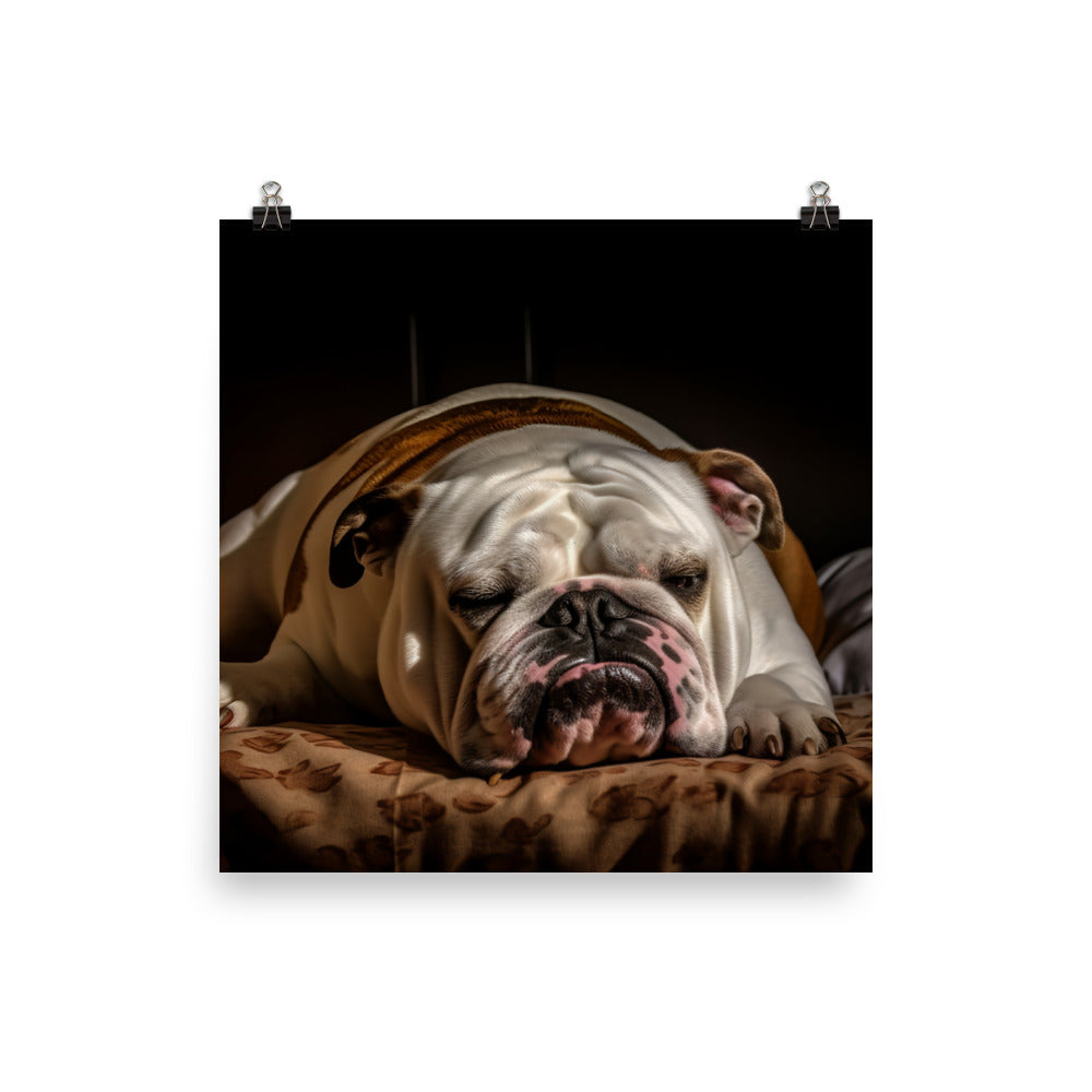 Sleepy Bulldog in His Bed Photo paper poster - PosterfyAI.com