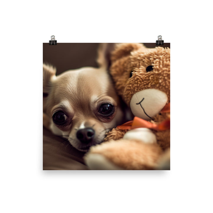 A Chihuahua snuggled up with a plush toy Photo paper poster - PosterfyAI.com