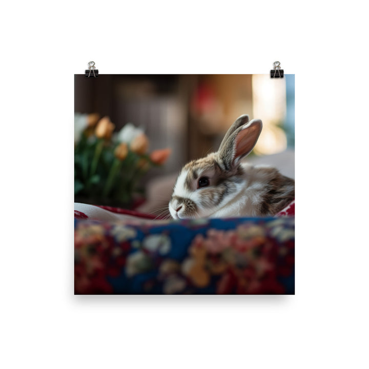 Harlequin Bunny in a Cozy Setting Photo paper poster - PosterfyAI.com