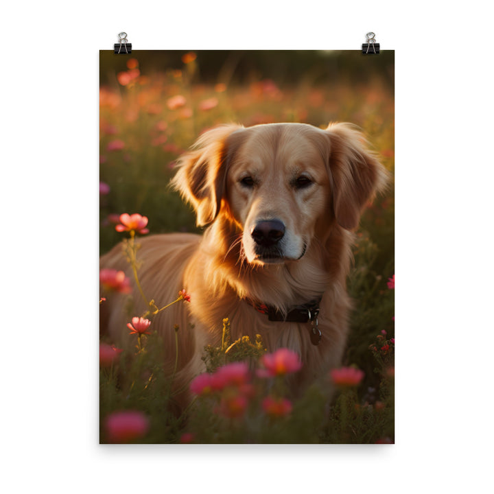 Golden Retriever in a Field of Flowers Photo paper poster - PosterfyAI.com