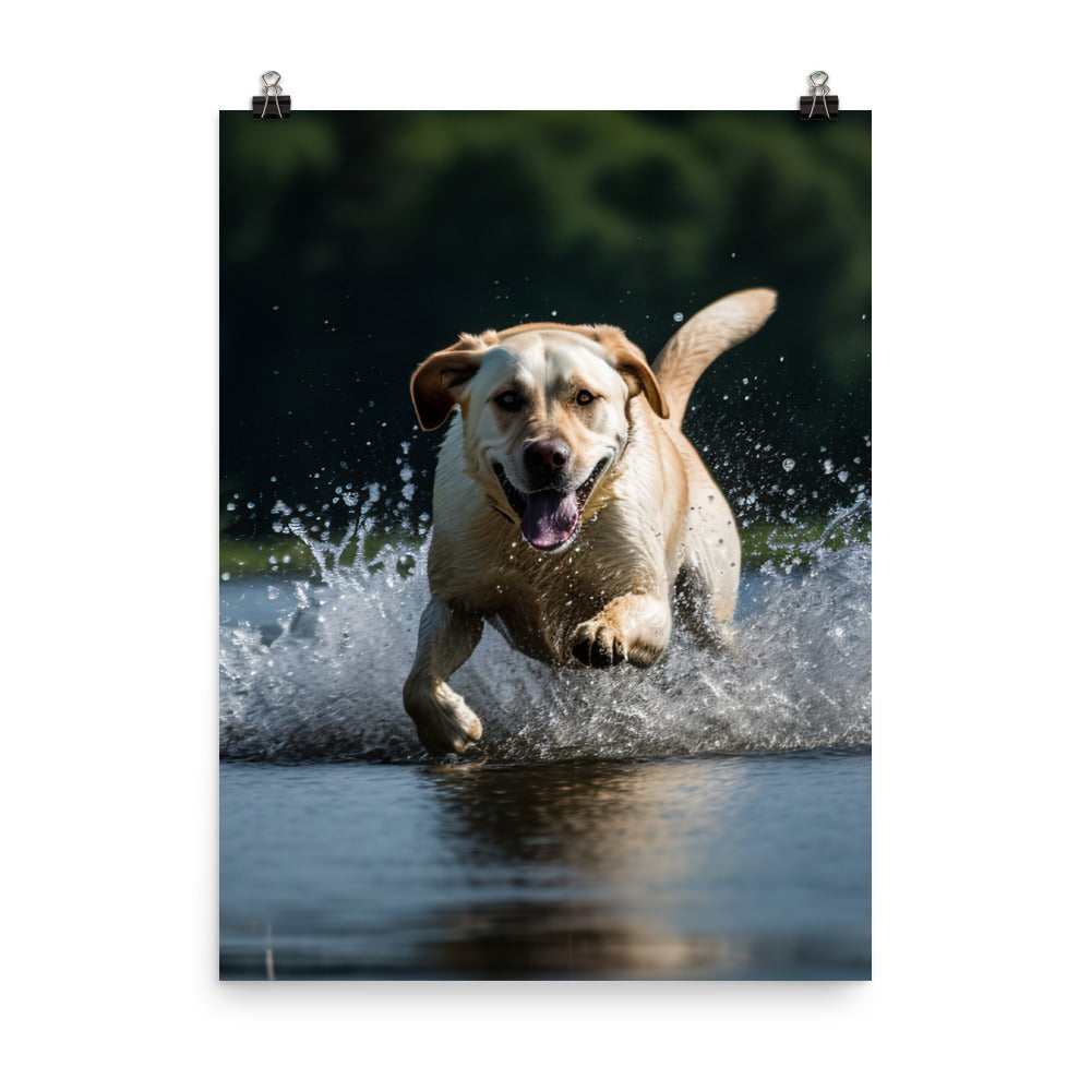 A Labrador Retriever jumping into a lake Photo paper poster - PosterfyAI.com