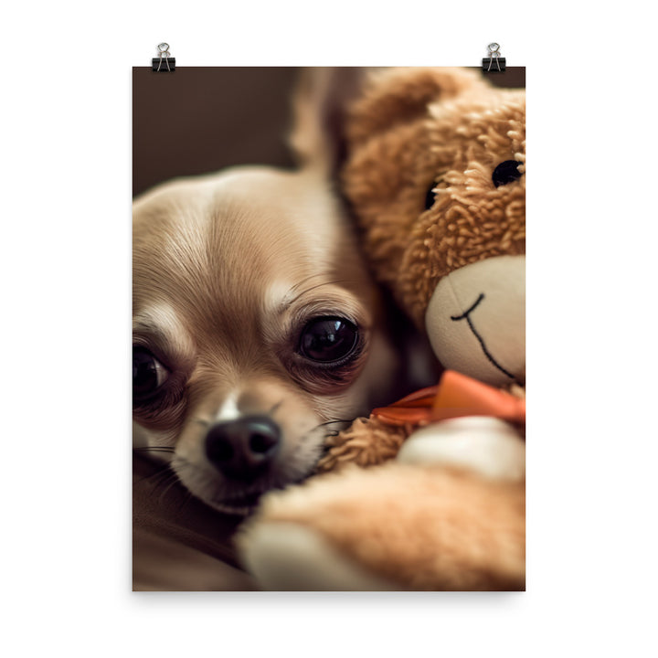A Chihuahua snuggled up with a plush toy Photo paper poster - PosterfyAI.com