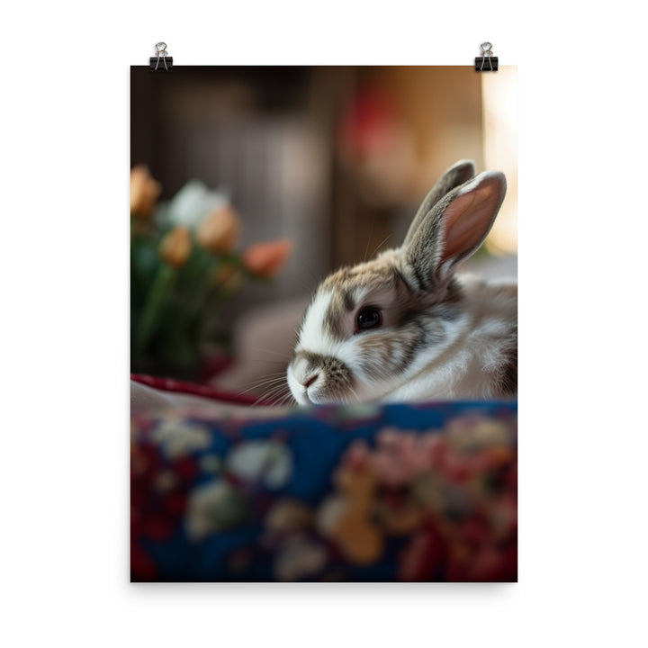 Harlequin Bunny in a Cozy Setting Photo paper poster - PosterfyAI.com