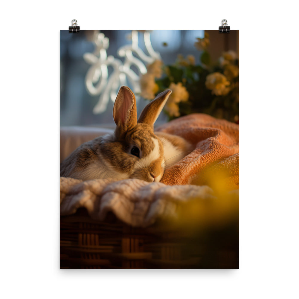 Harlequin Bunny in a Cozy Setting Photo paper poster - PosterfyAI.com